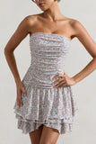 Casena Red White Floral Print Strapless Ruffle Hem Mini Dress