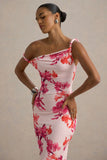 Tatian Pink and Orange Floral Print Twisted Asymmetric Midi Dress