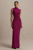 Solene Burgundy High Neck Maxi Dress With Wrap And Drape Detail