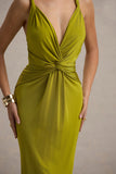 Santez Green Twisted Plunge Neck Maxi Dress