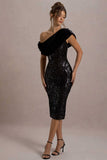 Volute Black Sequin One Shoulder Draped Midi Dress
