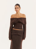 Chocolate Knitted Bardot Long Sleeved Top