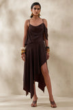 Helira Brown Asymmetric Midi Dress With Draping Detailing and Open Back