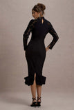 Chandra Black Mesh Long Sleeve Midi Dress With Ruffle Hem