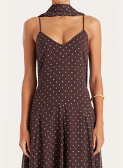 Brown Polka Dot Chiffon Scarf Detail Maxi Dress