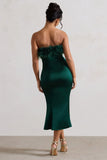 One And Only Bottle Green Satin Feather Trim Bandeau Midi Dress