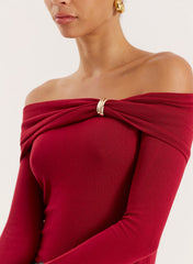 Red Gold Hardware Detail Knitted Long Sleeve Top