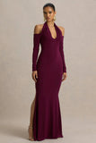 Living High Burgundy Halter Neck Maxi Dress With Long Sleeves