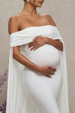 Carlotta White Bardot Maternity Maxi Dress With Chiffon Cape