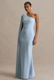 Athens Powder Blue Asymmetric Neck Maxi Dress With Cape Sleeve Detail