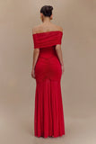 Caspian Slinky And Mesh Off Shoulder Maxi Dress Ruby