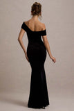 Candela Black Velvet Asymmetric Bardot Maxi Dress