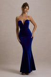Pacifica Cobalt Velvet Plunge Neck Strapless Maxi Dress