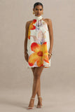 Evita Orange Floral High Neck Satin Mini Dress