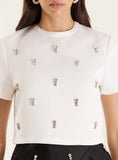 White Embellished Woven Crop T Shirt
