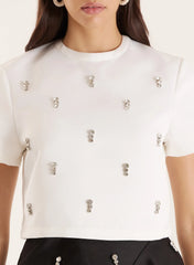 White Embellished Woven Crop T Shirt