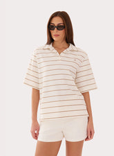 Cream And Beige Stripe Shoulder Pad Polo Top