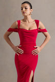 Amoura Red Square Neck Draped Wrap Maxi Dress
