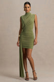 Sorenna Olive High Neck Mini Dress With Wrap And Sash Detail