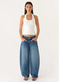 Stevie Low Rise Barrel Leg Denim Jeans Mid Wash Blue