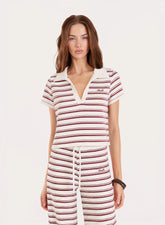 White And Brown Stripe Ribbed Short Sleeve Jersey Polo Top