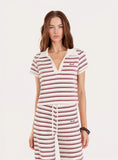 White And Brown Stripe Ribbed Short Sleeve Jersey Polo Top