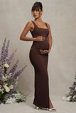 Avril Brown Square Neck Maternity Maxi Dress with Split