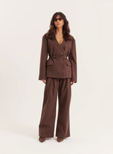 Chocolate Herringbone Tie Belt Wide Leg Trousers