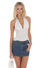 Polka Dot Ruched Halter Top in White