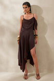 Helira Brown Asymmetric Midi Dress With Draping Detailing and Open Back