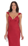 Satin Ruffle Open Maxi Dress in Red