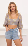 Gold Floral Puff Sleeve Top in Grey