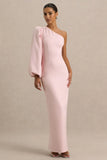 Kellis Pink Asymmetric Maxi Dress With Balloon Sleeve