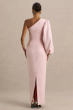 Kellis Pink Asymmetric Maxi Dress With Balloon Sleeve