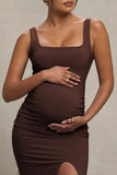 Avril Brown Square Neck Maternity Maxi Dress with Split