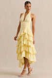 Velora Lemon Asymmetric Midi Dress With Tiered Ruffled Skirt