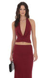 Mesh Plunge Neck Two Piece Set in Maroon