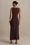 Fiora Brown Wide Neck Maxi Dress With Gathered Detail