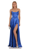 Satin Slit Maxi Dress in Blue