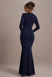 Alayna Navy Long Sleeve Maxi Dress With Ruffled Split