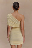 Dallas One Shoulder Mesh Mini Dress Lemon