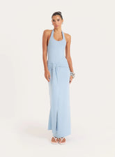 Blue Halterneck Belt Detail Maxi Dress