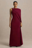 Cressida Burgundy Asymmetric Neck Maxi Dress With Cape And Gold Detail