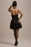 Klytie Black Halter Neck Mini Dress With Puff Ball Skirt