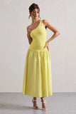 Sorbet Lemon Poplin One Shoulder Pleated Maxi Dress