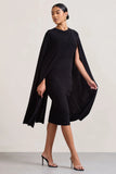 Marysol Black Asymmetric Cape Midi Dress