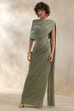 Gisara Olive High Neck Maxi Dress With Sash And Draped Detailing