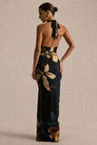 Sunflower Dark Lily Print High Neck Maxi Dress With Front High Split
