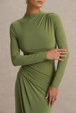 Zephyra Olive High Neck Wrapped Maxi Dress