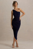 Dorit Navy One Shoulder Asymmetric Ruched Midi Dress